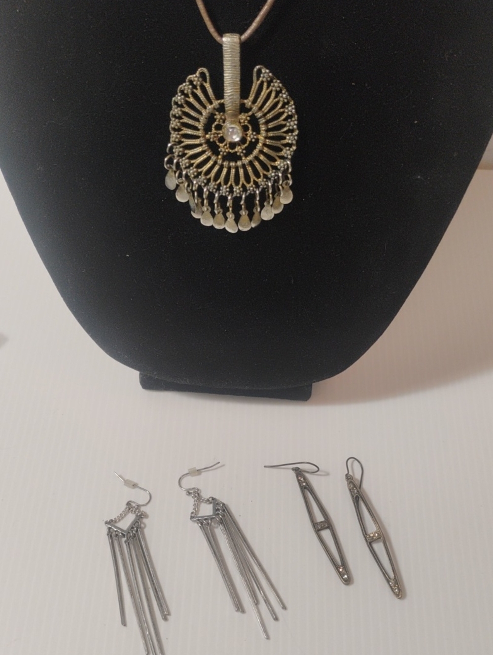 Set Of Filagree Metal Work Corded Necklace & 2 Earring Sets